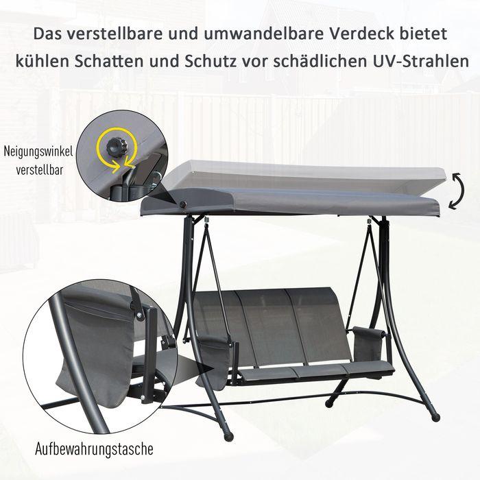 Produktbild Swisshandel24 3-Sitzer Hollywoodschaukel, Gartenschaukel mit Sonnendach, Schaukelbank mit Ablage, Aluminium, Grau