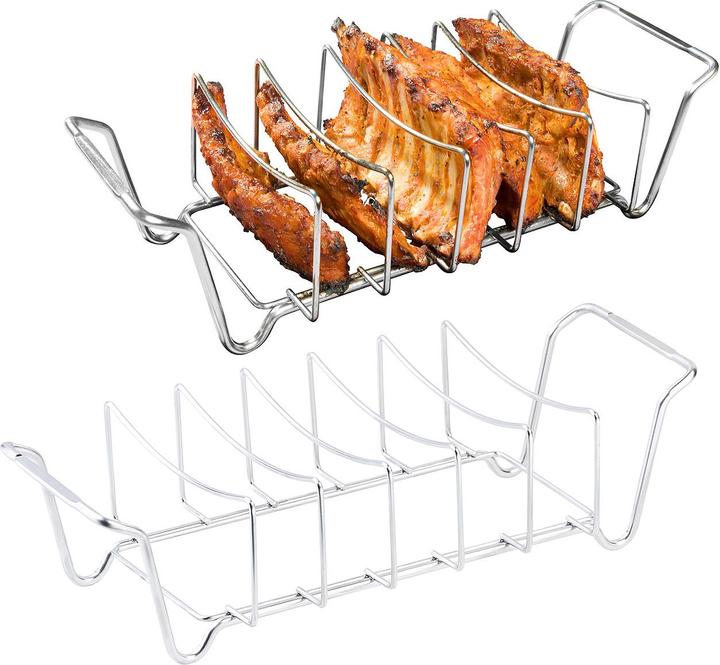 Image du produit Rosenstein & Söhne Lot de 2 supports de spareribs 2en1 & panier à rôti pour gril & four, acier inoxydable