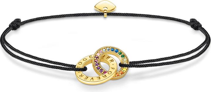 Thomas Sabo Textilarmband Schwarz mit Zwei Ringen Bunten Steinen Vergoldet (22 cm, 925er Silber)