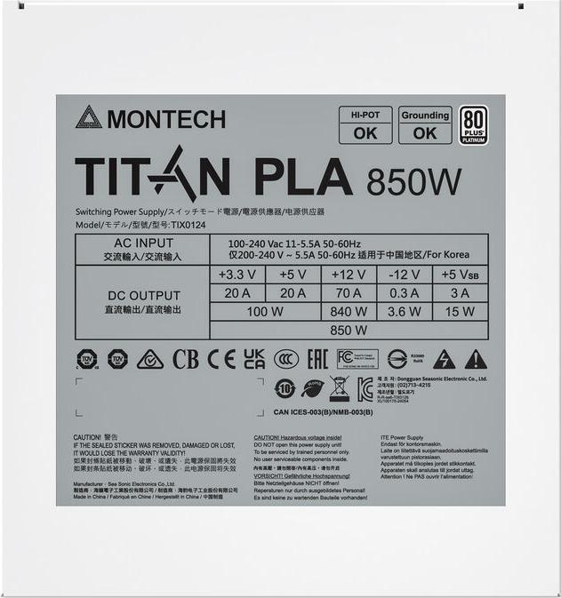 Produktbild Montech Titan PLA 850W - 80 PLUS & Cybenetics Platinum, modular, PCIe 5.1 - 850 Watt (850 W)