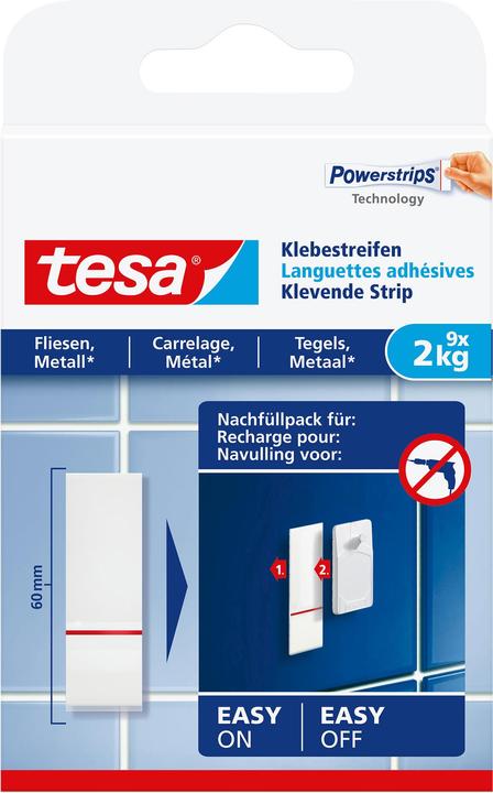 Powerstrips for tiles & metal, 2kg holding power, 9x double-sided adhesive strips