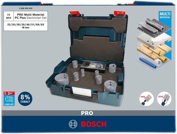 Actual product image Bosch Professional Zubehör PRO Multi Material PC Plus hole saw set, 11 pcs. (51 millimetres, 40 millimetres, 30 millimetres, 35 millimetres, 22 millimetres, 83 millimetres, 68 millimetres, 25 millimetres)
