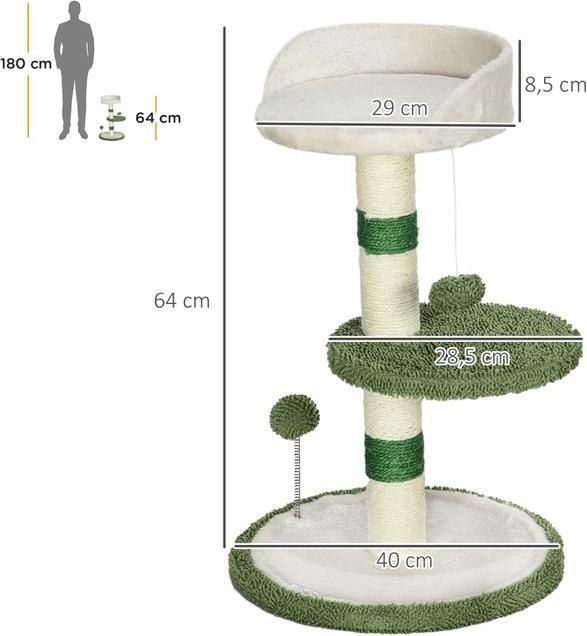 Image du produit Swisshandel24 Arbre à chat Petit 64 cm rond avec surface de repos, balle de jeu, sisal, jusqu'à 4 kg (64 cm, Blanc+Vert+Beige)
