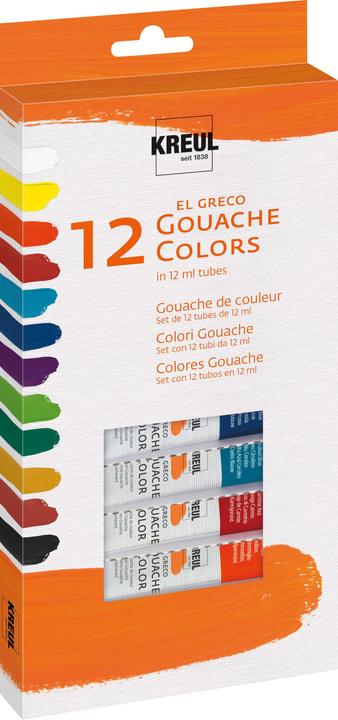 Actual product image Kreul el Greco gouache colours (Light green, Titanium white, Lemon, Prussian blue, vermilion, Brilliant violet, Crimson, Black, Siena burnt, Coelin blue, Ochre yellow, Chrome oxide green, 144 ml)
