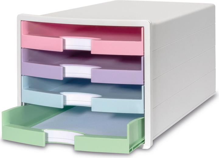 Pastel green, Pastel blue, Pastel lilac, Housing: White, Drawers: pastel pink