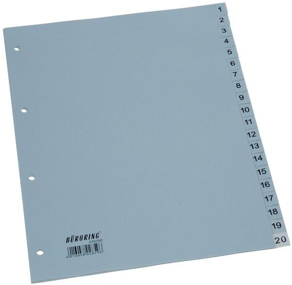 Actual product image Büroring Kunststoffregister, DIN A4, 20-teilig, 1 - 20, 125 my, PP, grau, 2-fach Lochung