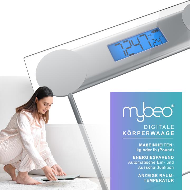 Produktbild Mybeo Digitale Waage für Personen, grosse Trittfläche aus 6mm Sicherheitsglas, Digitalwaage, Personenwaage (180 kg)
