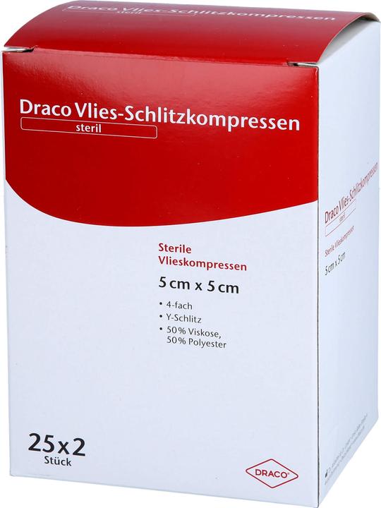 Actual product image Dracco SLIT COMPRESSE non-woven 5x5cm 4-fold sterile Ausbütte, 50 pcs. compresses