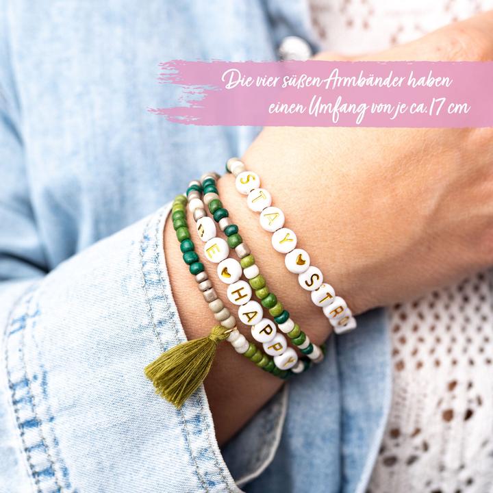 Produktbild Papierdrachen 4 Perlenarmbänder – BE HAPPY und STAY STRONG (Kunststoff, Gummi, Stoff)