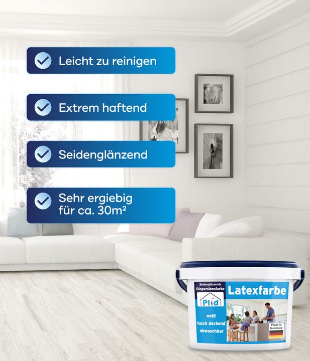 Produktbild Plid Latexfarbe 5L Weiss für ca. 30m² / abwaschbare Wandfarbe Küchenfarbe Innenfarbe (Weiss, 5 l)