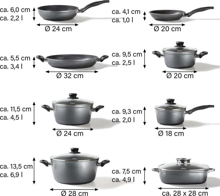 Produktbild Stoneline Kochgeschirr-Set 13 teilig mit Deckeln, beschichtete Töpfe, Pfannen Induktion geeignet (32 cm, Stielkasserolle, Kochtopf, Bratpfanne, Aluminium)