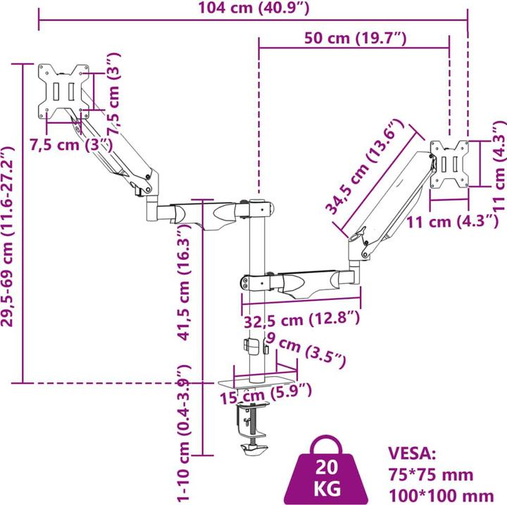 Nährwerte und Zutaten VidaXL Doppel-Monitorarm für Max 27 Zoll VESA 75/100 mm 20 kg (27")