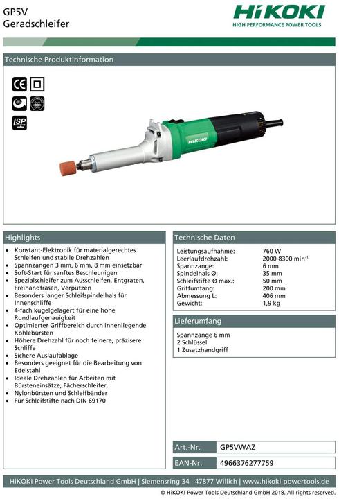 Actual product image Hikoki Grade grinder 760W (Straight grinder, 760 W)