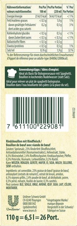 Valeurs nutritives et ingrédients Knorr 100% naturel Bouillon de boeuf barre cubes des oignons, carottes et épices pour les soupes (6500 ml)