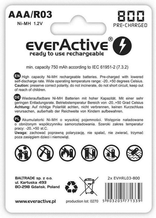 Immagine prodotto Everactive Batterie ricaricabili Ni-MH R03 AAA 800 mAh Silver Line - Batteria - Micro (AAA) (2 pz., AAA, 800 mAh)