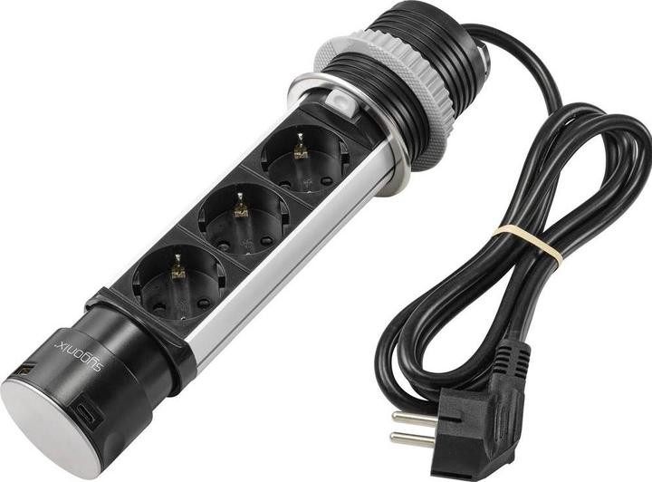 Productafbeelding Sygonix SY-4997104 Stekkerdoos zwart, roestvrijstalen aardingscontact 1 stuk. (3 x, CEE 7/3, 1.50 m)