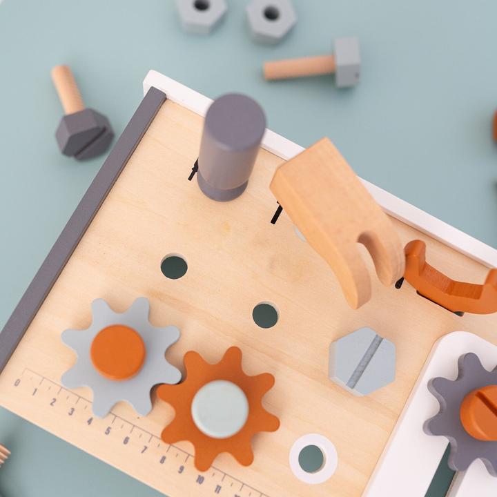 Actual product image Activity Board Wooden workbench, toolbox with name, wooden toy boy, christening gift boy