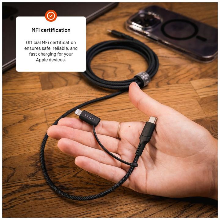 Actual product image Fixed Braided Cable USB-C/USB-C, Lightning Adapter, 1.2m, MFi, PD 60W, gray (1.20 m, USB 3.2 Gen 1, 60 W)