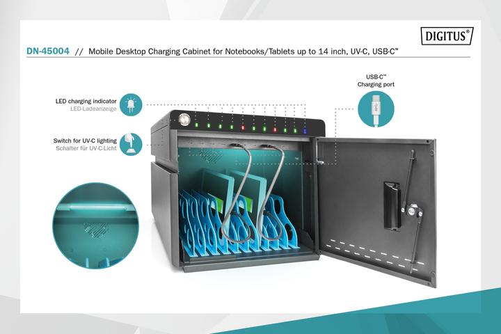 Produktbild Digitus Mobiler Desktop Ladeschrank für Notebooks/Tablets bis 14 Zoll, UV-C, USB-C