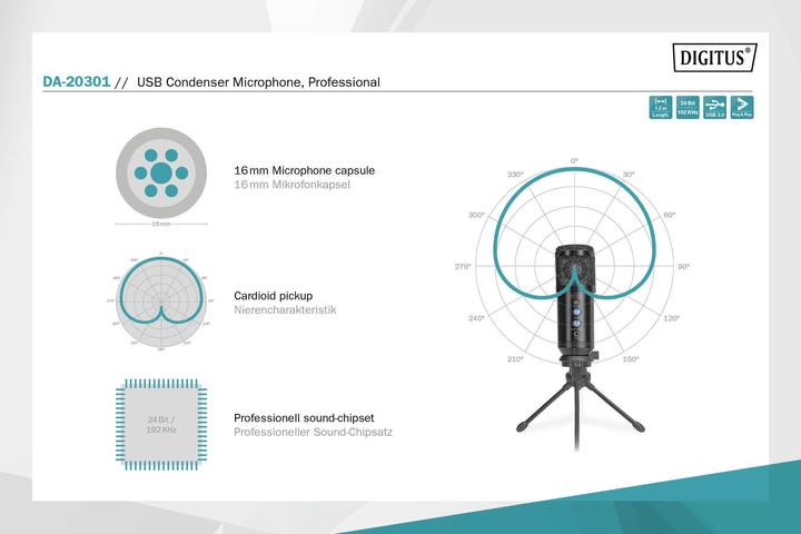 Produktbild Digitus Mikrofon USB inkl. Halterung 1,5m schwarz