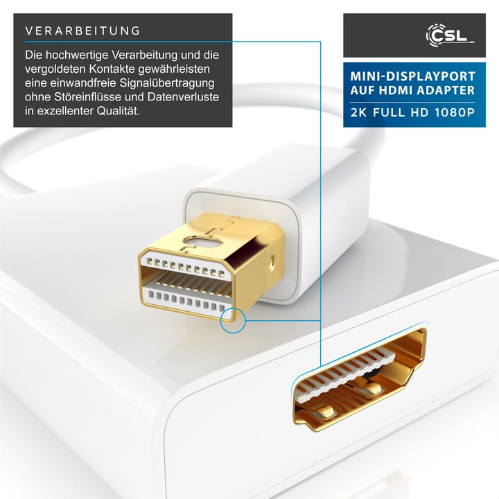 Produktbild CSL Mini DisplayPort zu HDMI Typ A Audio- & Video-Adapter, Full HD MiniDP Adapter / Konverterkabel (HDMI, Mini DP, 15 cm)