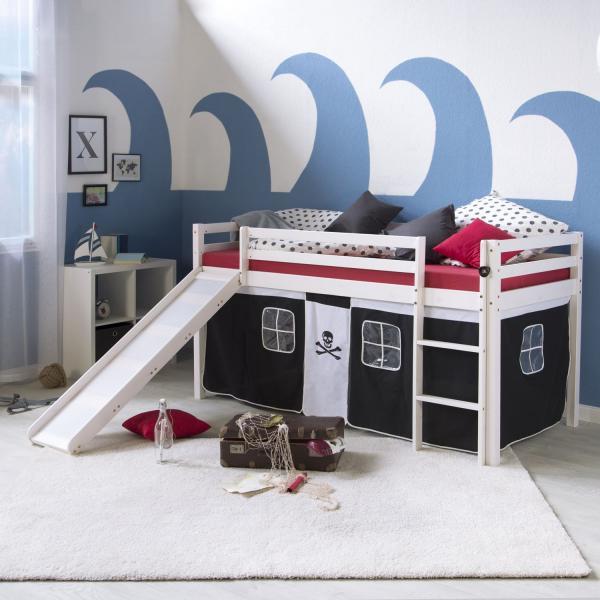 Produktbild Homestyle4u Kinder Hochbett mit Rutsche, Leiter & Vorhang Pirat (90 x 200 cm)