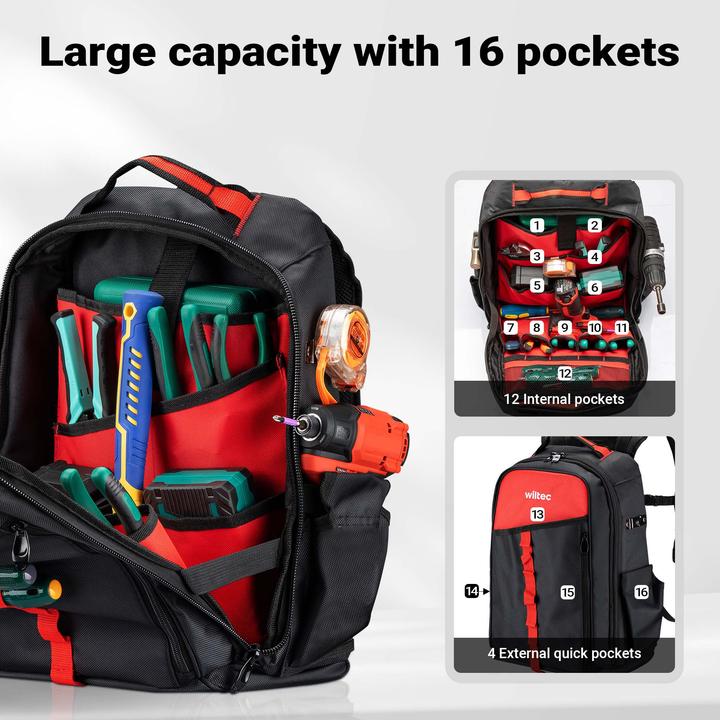Actual product image Wiltec Werkzeugrucksack 33x20x43cm Werkzeugtasche 16 Fächer Werkzeug Rucksack