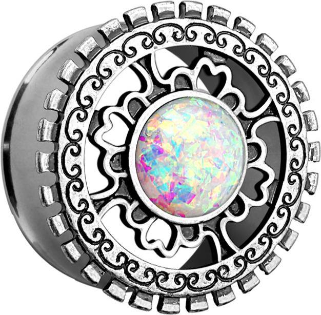 Image du produit Star Piercing Flared Tunnel avec bouclier tribal argenté antique et boule opale (Laiton, Acier chirurgical 316L)