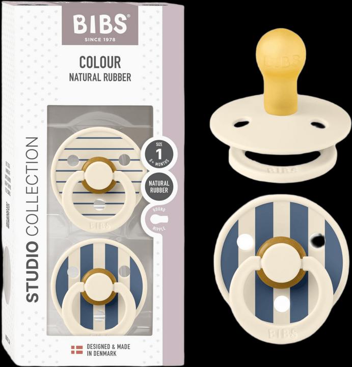 Produktbild Bibs Studio Nuggi Colour 2 PACK Latex Round 0-6m Pin Ivory Steel Blue Mix (2 x, bis 6 Monate)