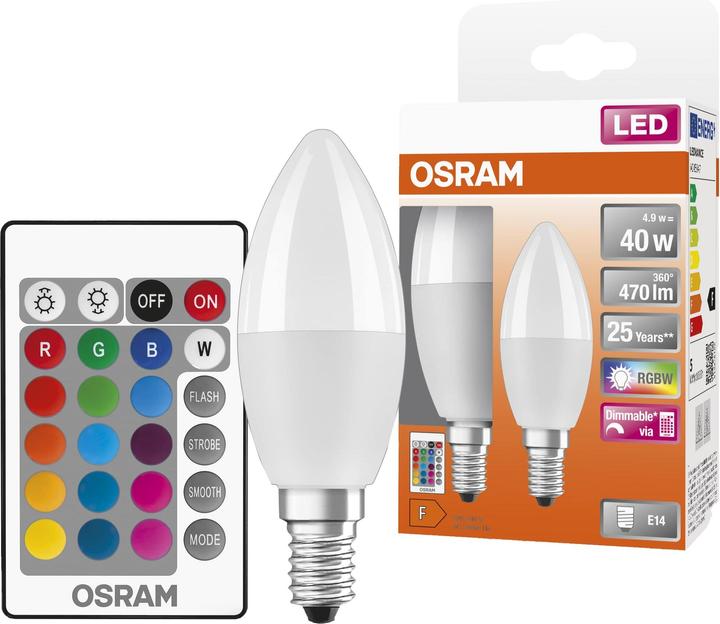 Immagine prodotto Osram LED STAR+ CLB RGBWFR 40 DIM via rem. con 5,5W/827 E14 470LM 2er BOX (E14, 4.90 W, 470 lm, 2 x, F)