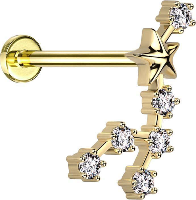 Produktbild Star Piercing Micro Labret Innengewinde vergoldet Sternzeichen Löwe mit Kristallen (Chirurgenstahl 316L, Messing)