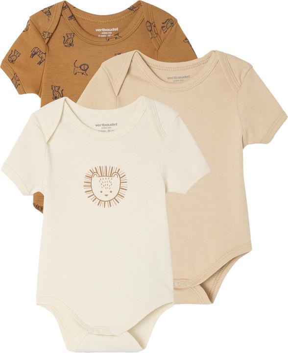 Vertbaudet Bio-Kollektion: 3er-Pack Baby Bodys mit kurzen Ärmeln, Safari-Motive