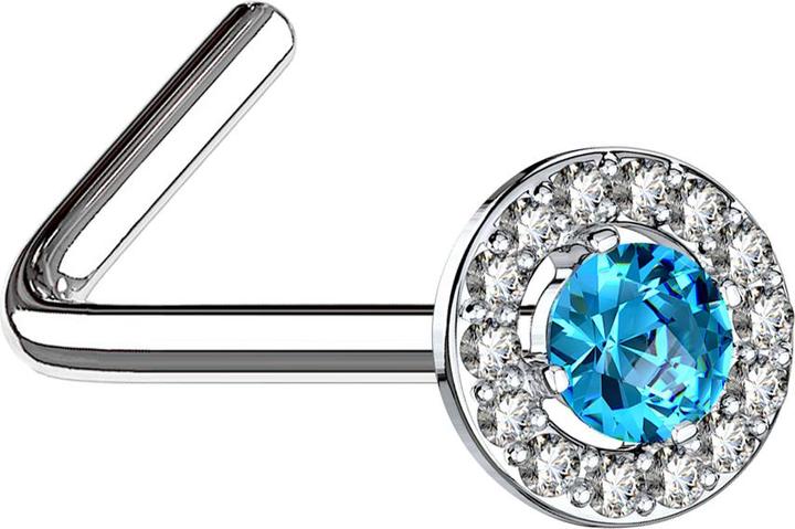 Produktbild Star Piercing Nasenstecker gewinkelt silber Kristallkreis mit grossem Kristall aqua (Messing, Chirurgenstahl 316L)