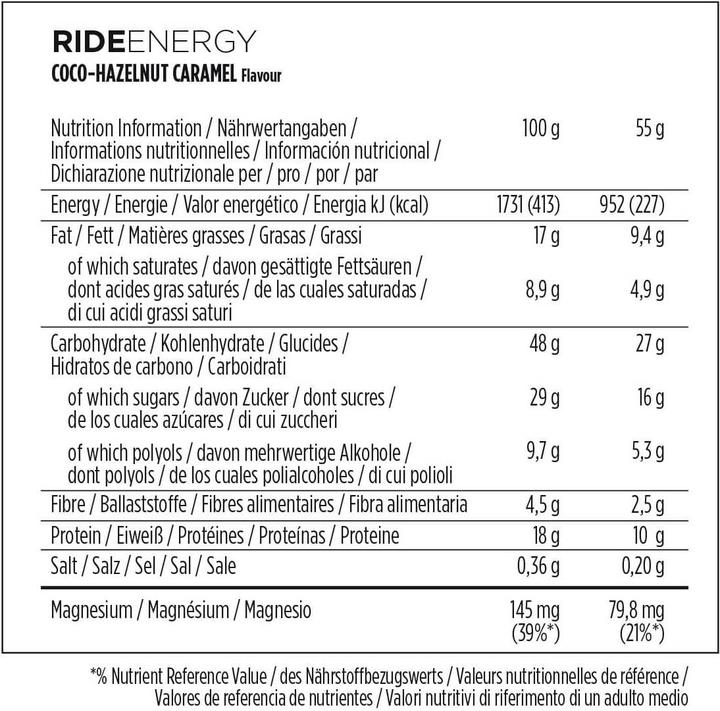 Valeurs nutritives et ingrédients Powerbar Ride Energy (Chocolat, Noisette, Caramel, 18 pcs, 990 g)