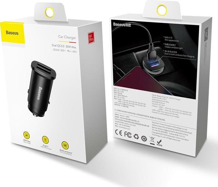 Image du produit Baseus Square metal A+A 30W Dual QC3.0 Quick Car Charger Noir