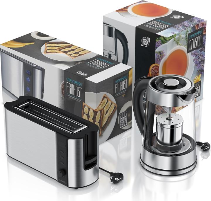 Actual product image Arendo Breakfast set, glass kettle 1.7l with tea strainer & 2-slice long slot toaster, stainless steel (1.70 l)