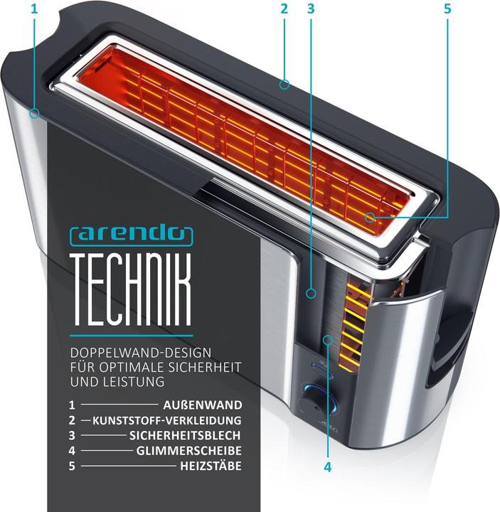 Produktbild Arendo Toaster Edelstahl Langschlitz 2 Scheiben, Doppelwand, Brötchenaufsatz, Display mit Restzeitanzeige