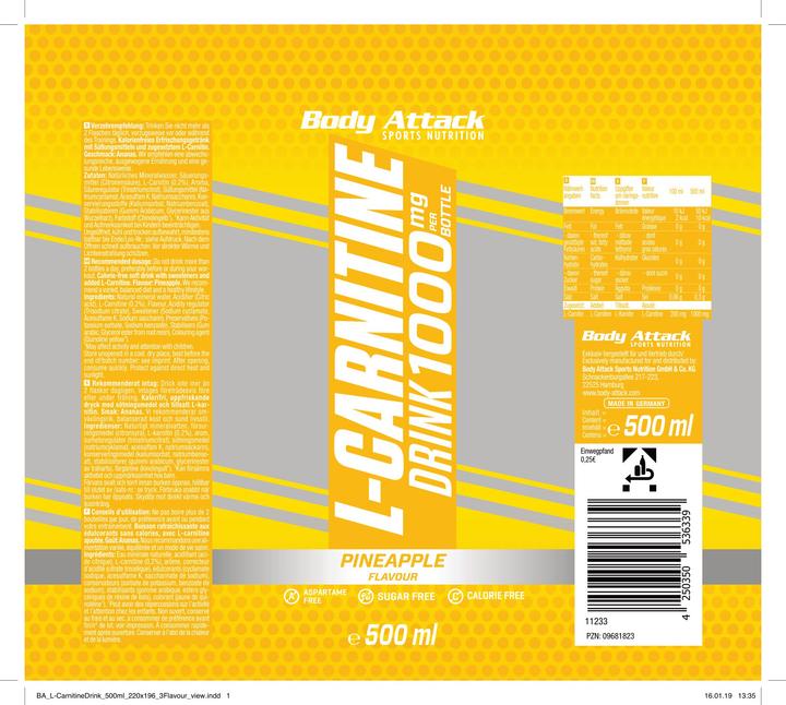 Image du produit Body Attack Boisson à la L-Carnitine (18x 500 ml) (Ananas, 18 x)