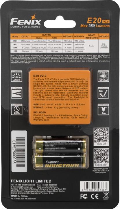 Image du produit Fenix E20 V2.0 (12.70 cm, 350 lm)