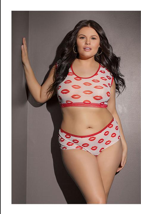 Produktbild Coquette Lip Print Crop Top & Short - White - Queen (Plus Size)