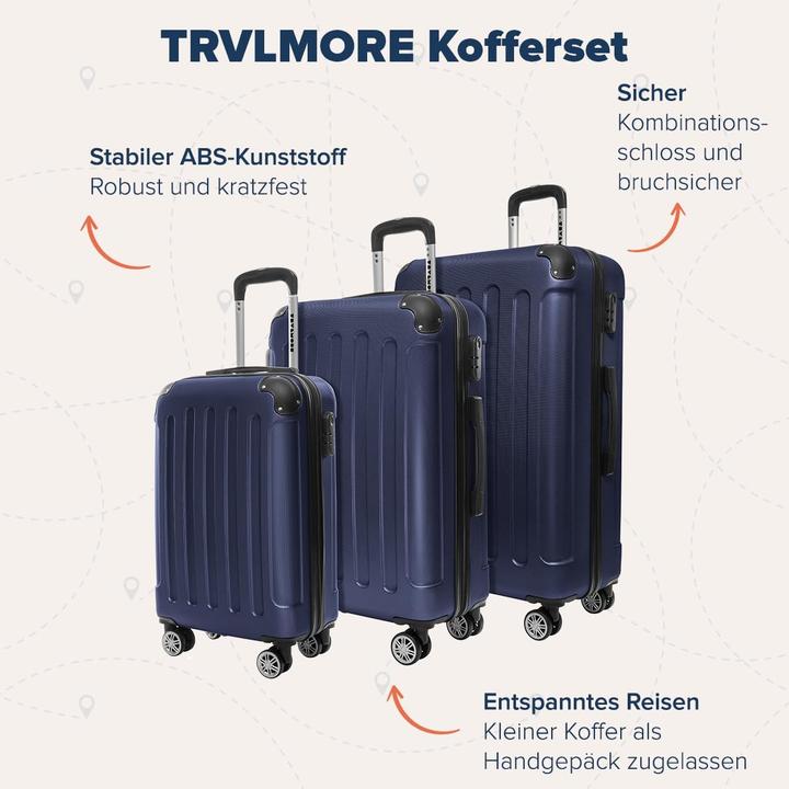 Produktbild Trvlmore 3-teiliges Hartschalen-Kofferset, TSA-Schloss, Teleskopgriff (110 l, Handgepäck (bis 50l), M (50 - 90l), L (90 - 115l))