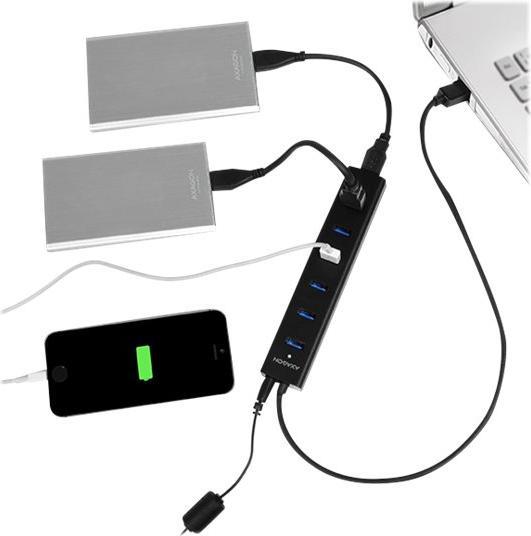 Produktbild Axagon HUE-SA7BP 7x USB3.0 ALU Ladehub inkl. AC-Adapter, Juodas (USB-A, USB-B, 7 Ports)