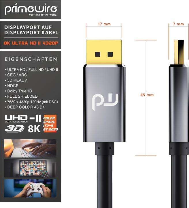 Actual product image Primewire DisplayPort Cable, DP 1.4, Premium Monitor Cable 8K 7680 x 4320 @ 60 Hz - 4k @ 120 Hz with DSC (1 m, DisplayPort)