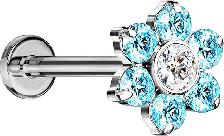 Star Piercing Micro Threadless Labret silber Blume Kristalle aqua (Titan G23, ohne Messing)