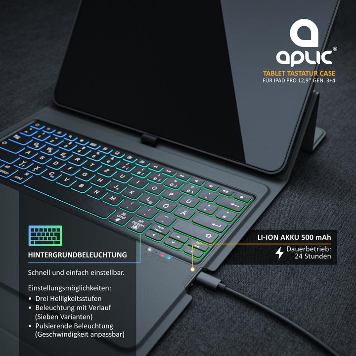 Actual product image Aplic Bluetooth tablet keyboard for iPad Pro 12.9 inch Gen 3 + 4, 500 mAh battery, keyboard with case (DE)