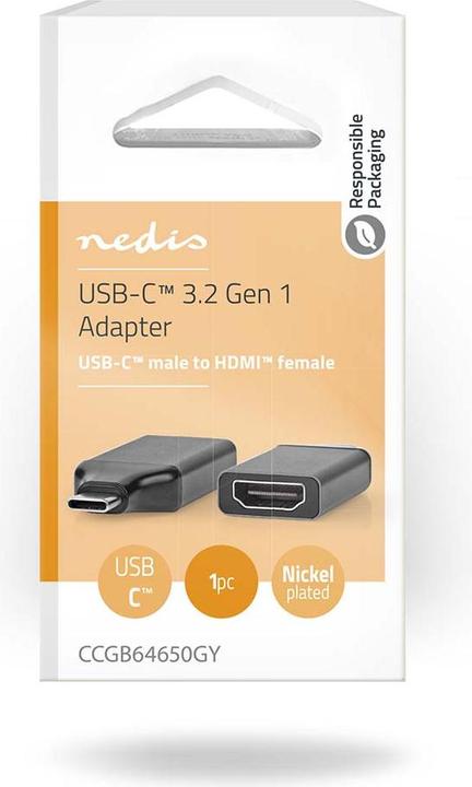 Produktbild Nedis USB-C™ Adapter | USB 3.2 Gen 1 | USB-C™ Stecker | HDMI™ Ausgang | 4K@60Hz | Rund | Vernickelt (USB Typ-C, 2.20 cm)