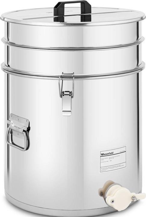 Wiesenfield Honigeimer Honig-Abfülleimer mit Sieb, Deckel und Quetschhahn Edelstahl 30 L (30 l)