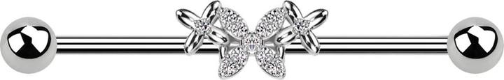 Produktbild Star Piercing Barbell silber mit zwei Kugeln silber Schmetterling zwei Blumen Kristalle silber (Chirurgenstahl 316L, Messing)