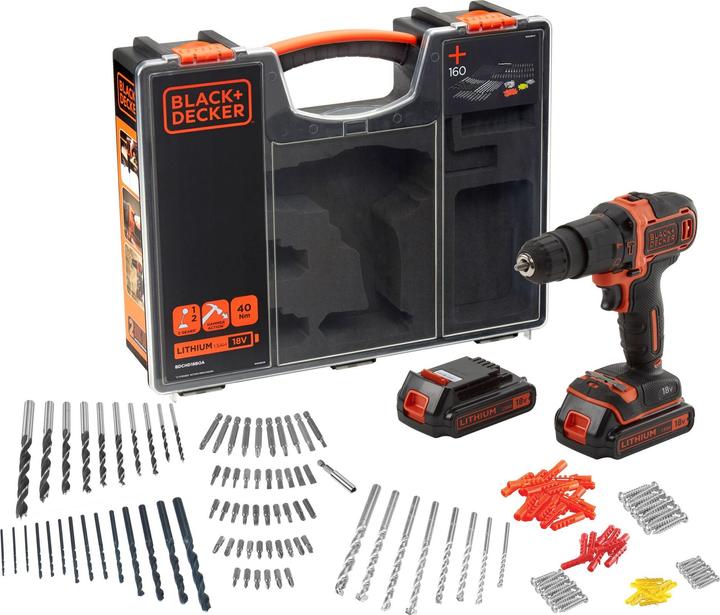 Black & Decker BDCHD18BOA, 2 batterie e 160 pz. Set di accessori (Batteria ricaricabile)