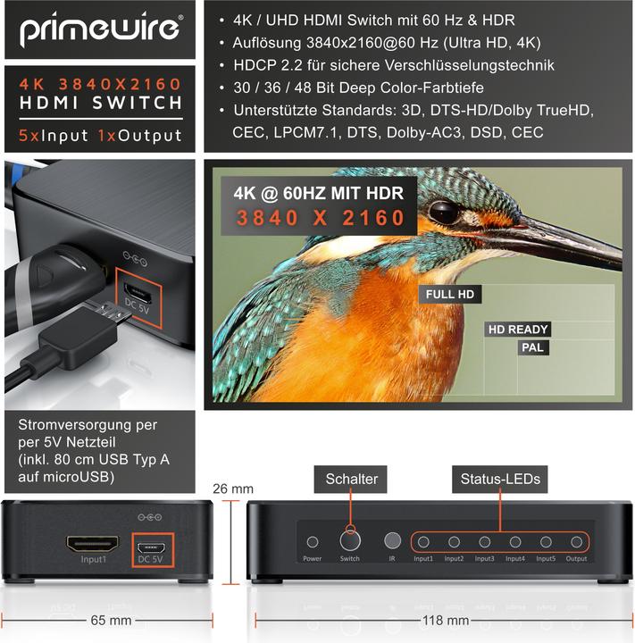 Image du produit Primewire Commutateur HDMI 2.0, commutateur HDMI Ultra HD 4K à 5 ports avec télécommande, répartiteur 5x
